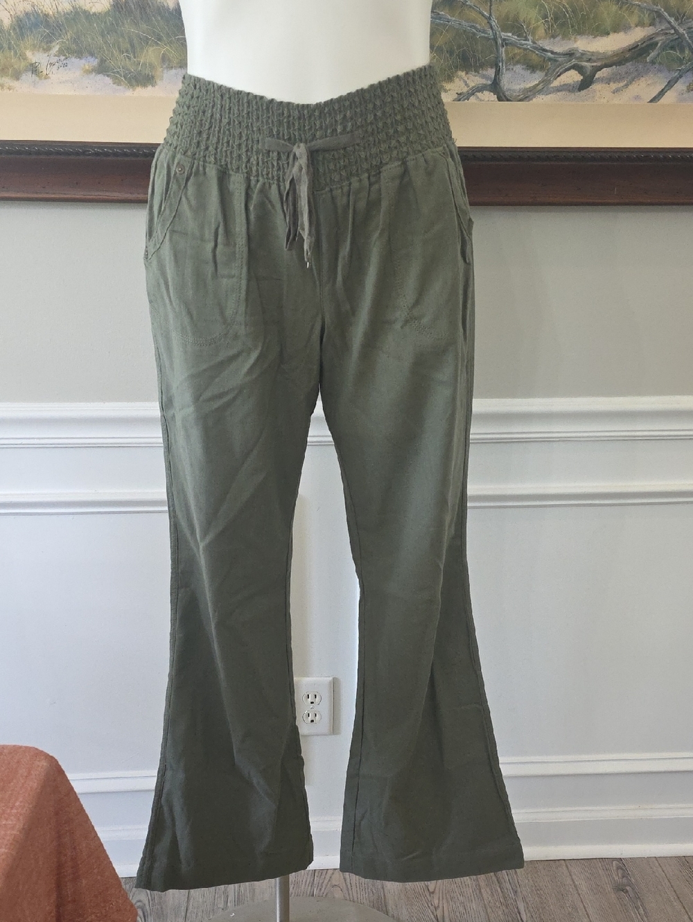 Rewash Olive Green Smocked Waist Linen Blend Pants